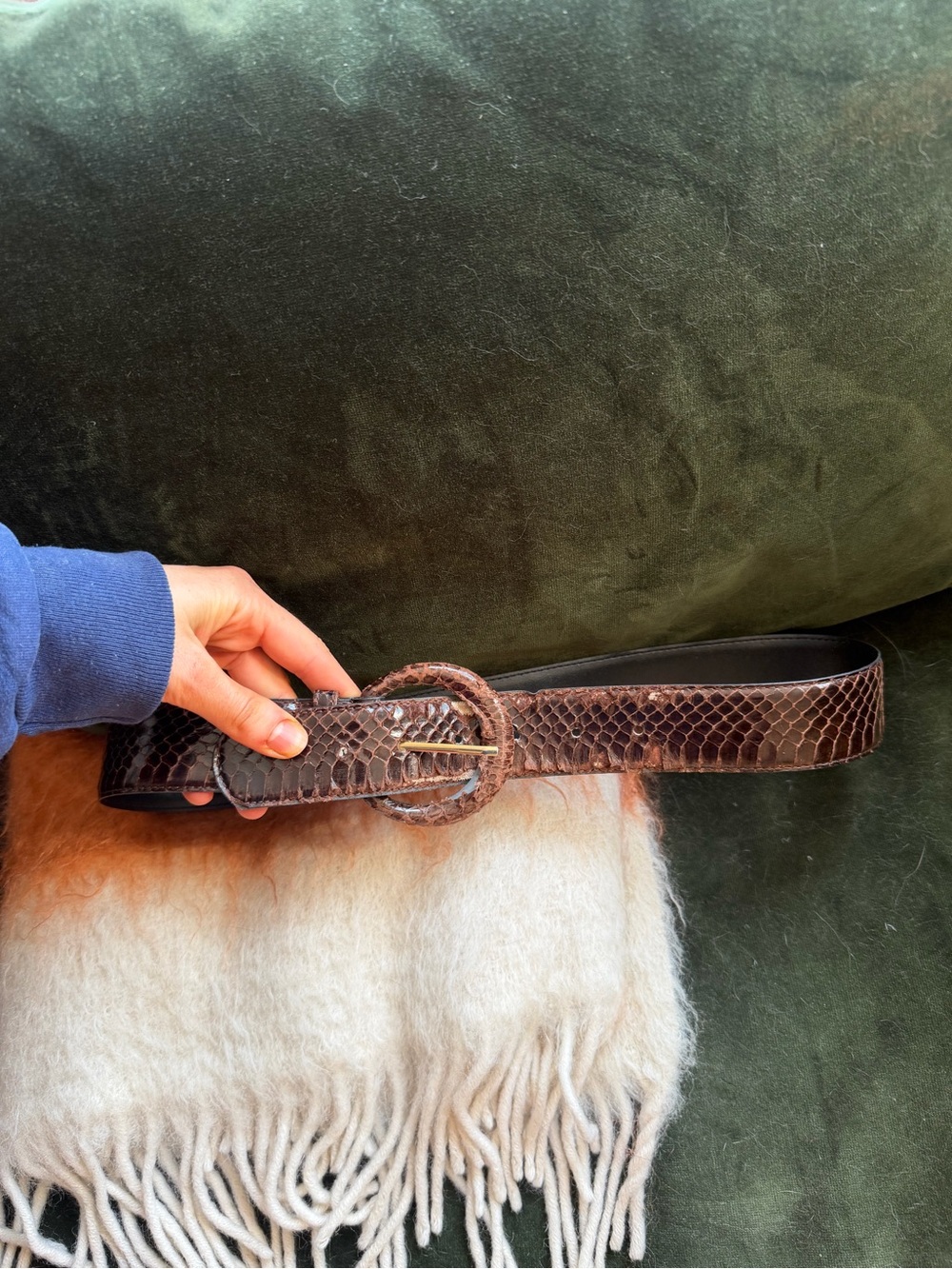 Brown Vintage Real-Snake Skin Reptile Belt with Round Buckle